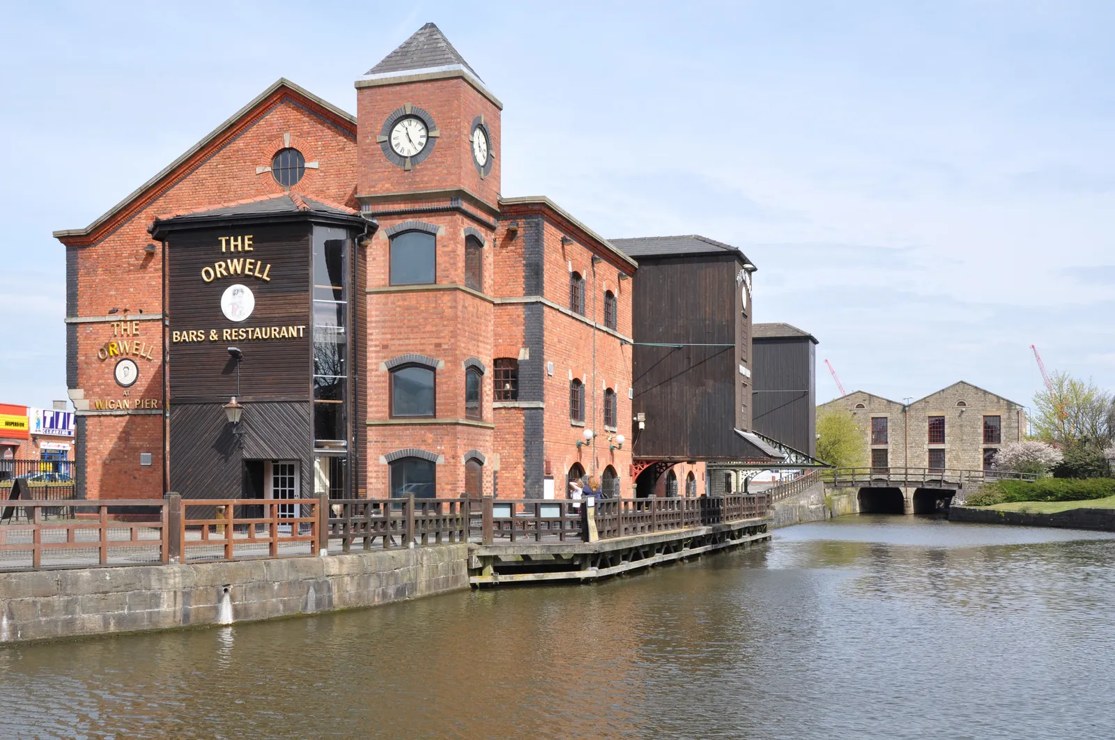 Red-brick warehouses beside the Leeds and Liverpool Canal at Wigan Pier